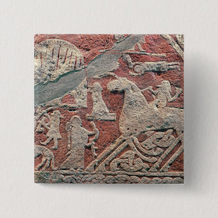 Detail of figures illustrating a saga 2 inch square button