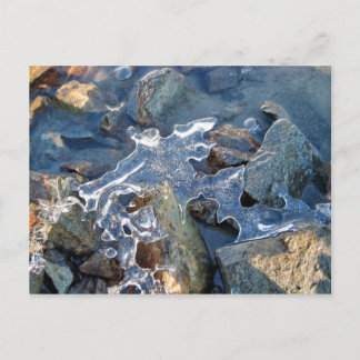 Detail of frozen river bank,ice,stone,sand,water.. postcard