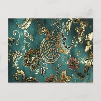 Detail of jade green Chinese silk fabric Postcard