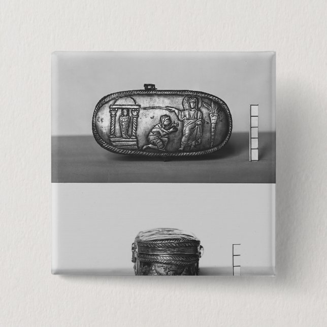 Detail of the lid of a pyxide 2 inch square button (Front)