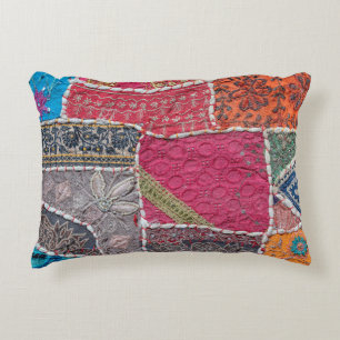 Detail old colorful patchwork carpet, India. Close Accent Pillow