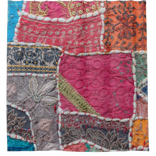 Detail old colourful patchwork carpet, India. Clos