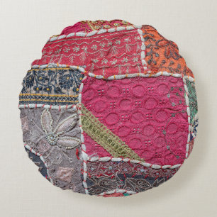 Detail old colourful patchwork carpet, India. Clos Round Pillow