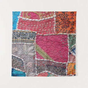 Detail old colourful patchwork carpet, India. Clos Tapestry