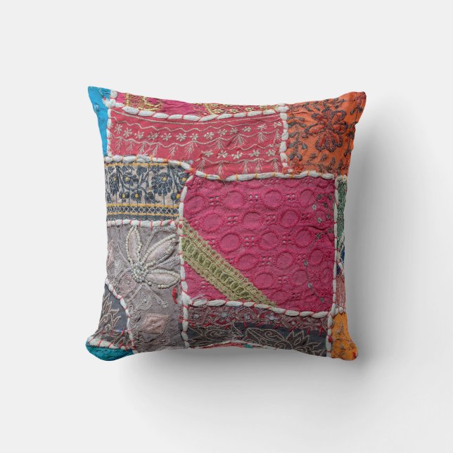 Detail old colourful patchwork carpet, India. Clos Throw Pillow (Front)