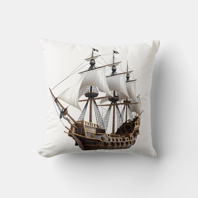 Detailed 3D Rendering of a Pirate Ship Throw Pillow (Front)