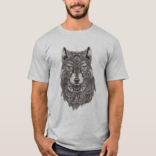 Detailed Abstract Wolf Head Illustration T-Shirt (Front)