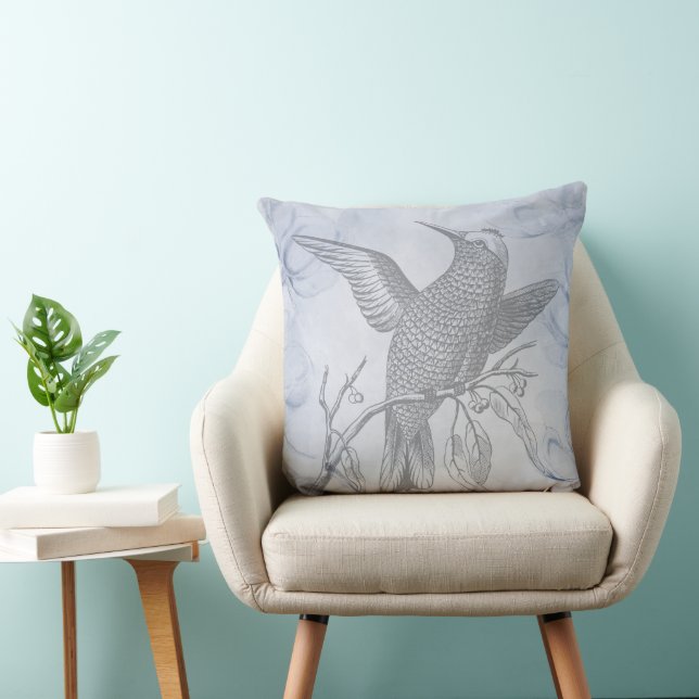 Detailed Bird Line Drawing Art Pastel Blue Throw Pillow (Chair)