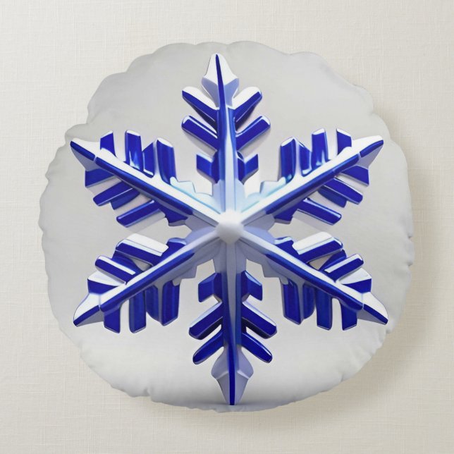 Detailed Blue Snowflake Round Pillow (Front)