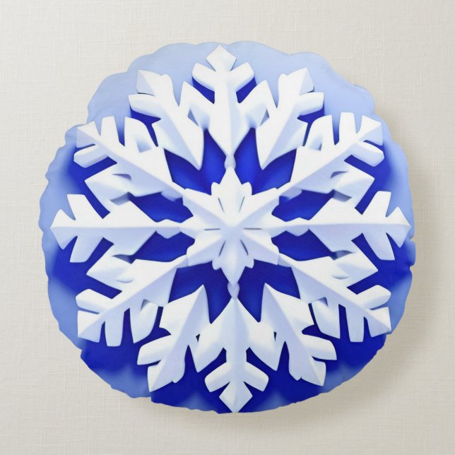 Detailed Blue Snowflake Round Pillow (Front)
