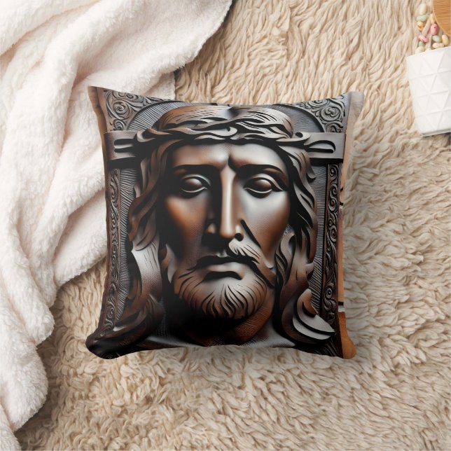 Detailed Carving of Jesus on a Stone Background Throw Pillow (Blanket)