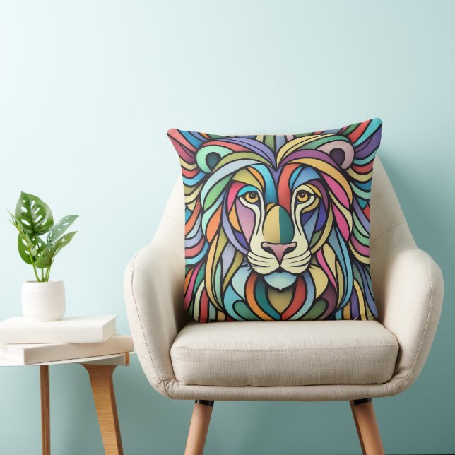 Detailed Colourful Lion Head Throw Pillow (Chair)