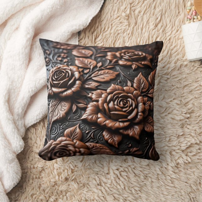 Detailed Copper Rose Art on Dark Canvas Throw Pillow (Blanket)