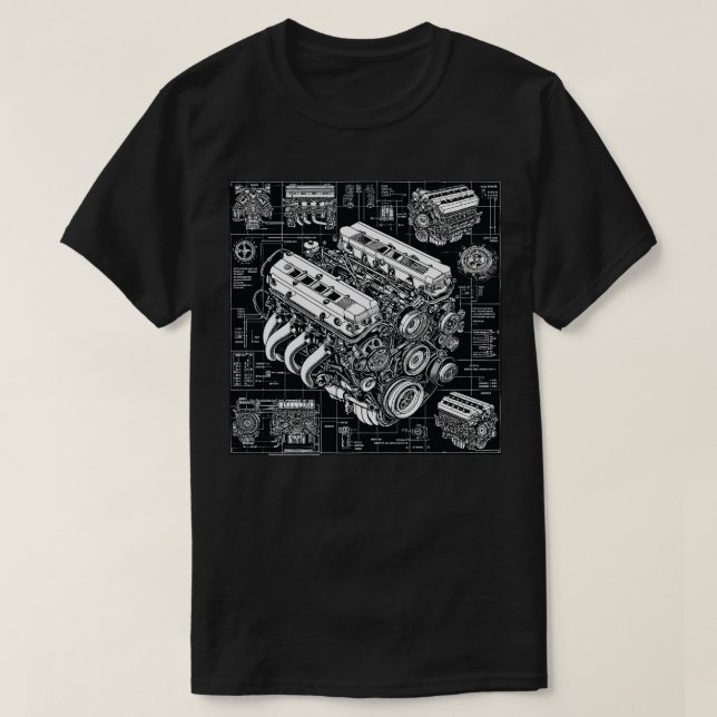 Detailed Engine Blueprint T-Shirt (Design Front)