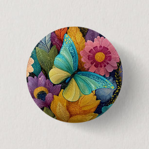 Detailed Floral and Butterfly Illustration 1 Inch Round Button