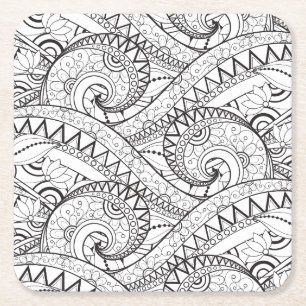 Detailed Floral Pattern Doodle Square Paper Coaster