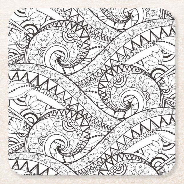 Detailed Floral Pattern Doodle Square Paper Coaster (Front)