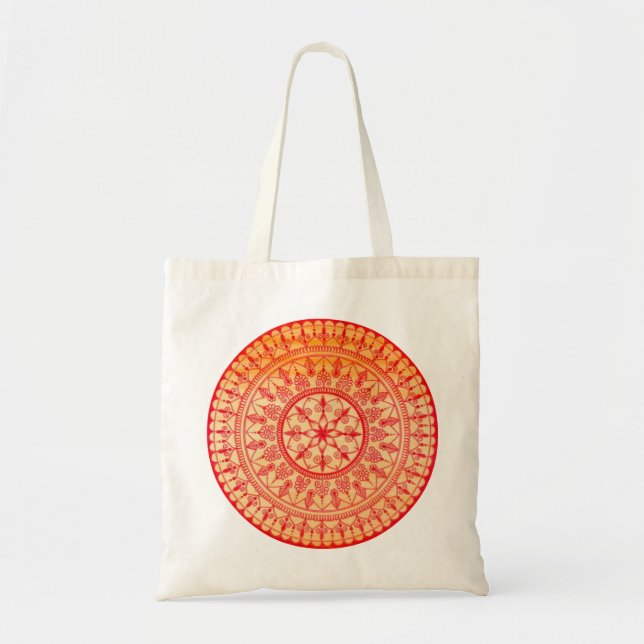 Detailed Hand Drawn Vibrant Red And Orange Mandala Tote Bag (Front)