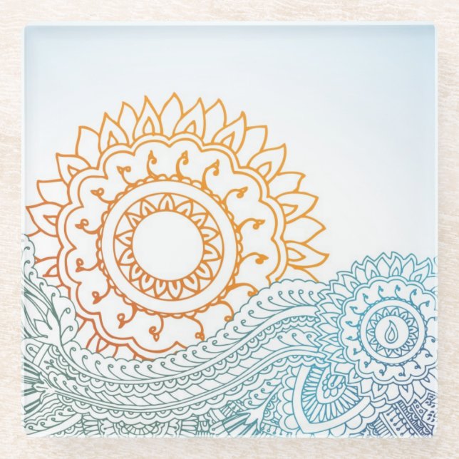 Detailed henna abstract sunrise glass coaster (Front)