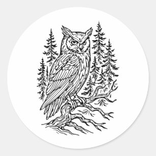 Detailed Horned Owl in Pine Forest Line Art Classic Round Sticker