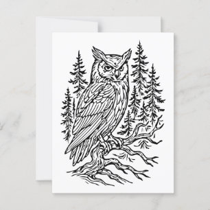 Detailed Horned Owl in Pine Forest Line Art Postcard