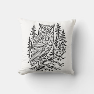Detailed Horned Owl in Pine Forest Line Art Throw Pillow