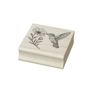 Detailed Hummingbird Line Art with Wildflower Rubber Stamp