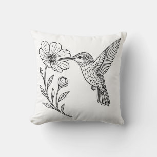 Detailed Hummingbird Line Art with Wildflower Throw Pillow