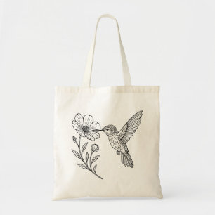 Detailed Hummingbird Line Art with Wildflower Tote Bag