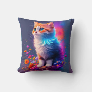 Detailed Illustration Face Tiny Cat Throw Pillow