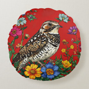 Detailed Illustration of a Thrush Bird Round Pillow