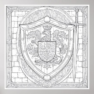 Detailed Knight's Heraldic Shield Colouring Page Poster
