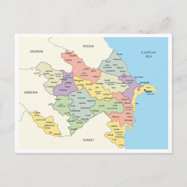 Detailed map of Azerbaijan Regions Postcard (Front)