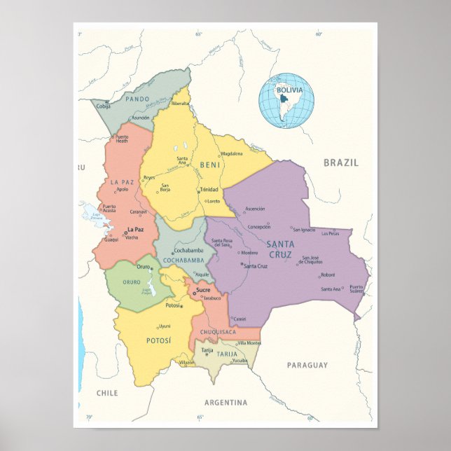 Detailed Map of Bolivia Poster (Front)