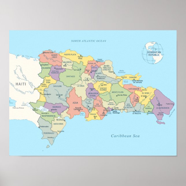 Detailed map of Dominican Republic Regions Poster (Front)