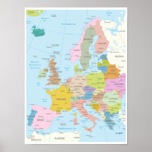 Detailed Map of Europe Continent Poster