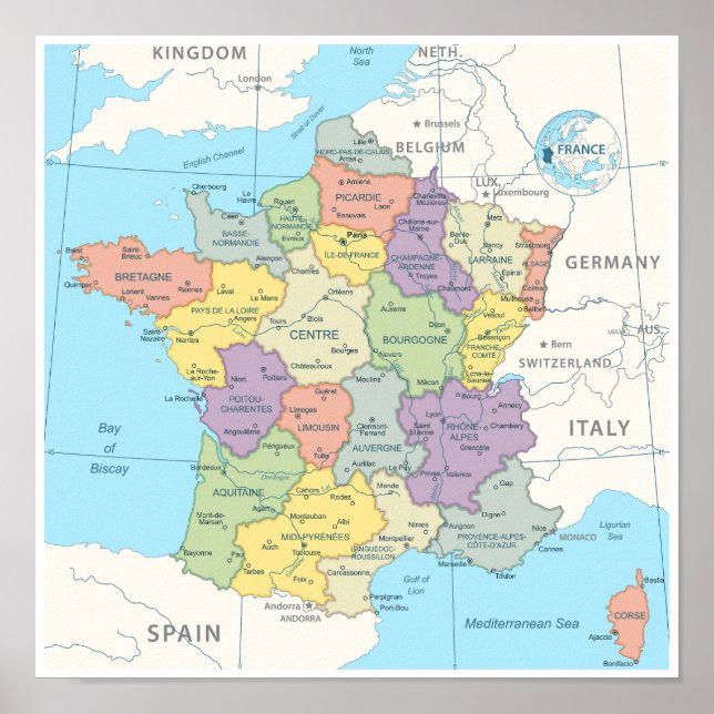 Detailed Map of France Poster (Front)