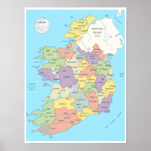 Detailed Map of Ireland Poster