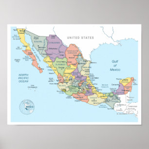 Detailed map of Mexico Poster