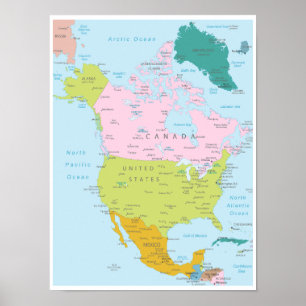 Detailed Map of North America Continent Poster