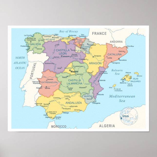 Detailed map of Spain Poster (Front)
