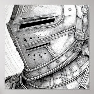 Detailed Medieval Knight Helmet Colouring Page Poster