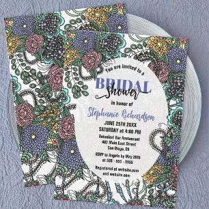Detailed Purple Blue Pink Blossoms Bridal Shower Invitation