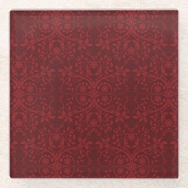 Detailed Red Floral Wallpaper Glass Coaster (Front)