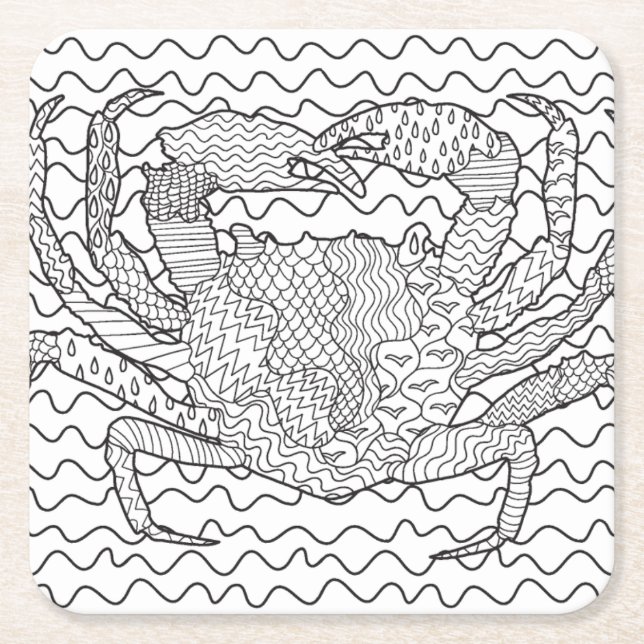 Detailed Sea Crab Doodle Square Paper Coaster (Front)