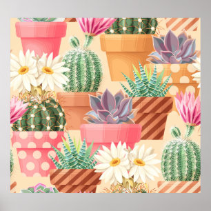 Detailed succulent, cactus seamless pattern. poster