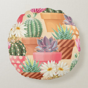 Detailed succulent, cactus seamless pattern. round pillow