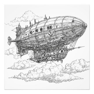 Detailed Vintage Steampunk Dirigible Drawing Photo Print