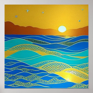 Detailed Waves During an Orange Sunset Poster