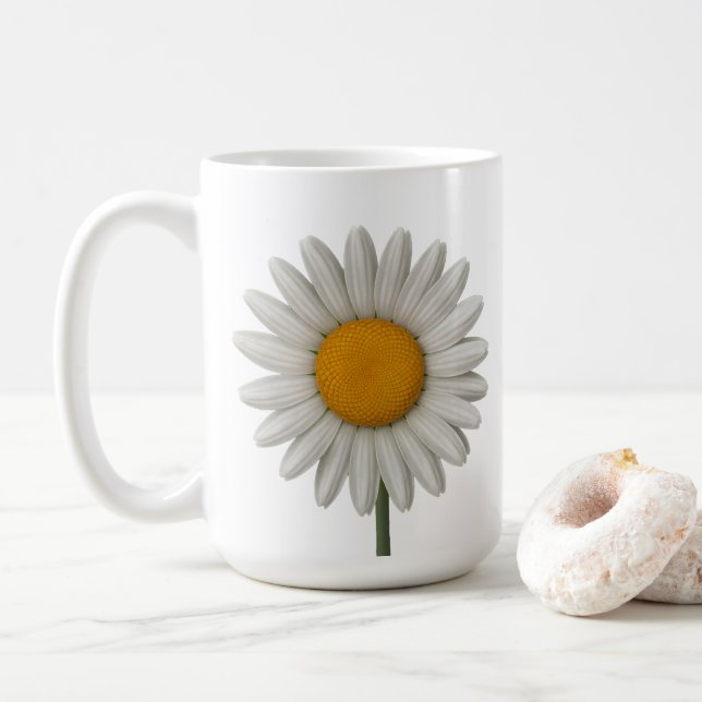 Detailed White Daisy Botanical Art Design Coffee Mug (With Donut)